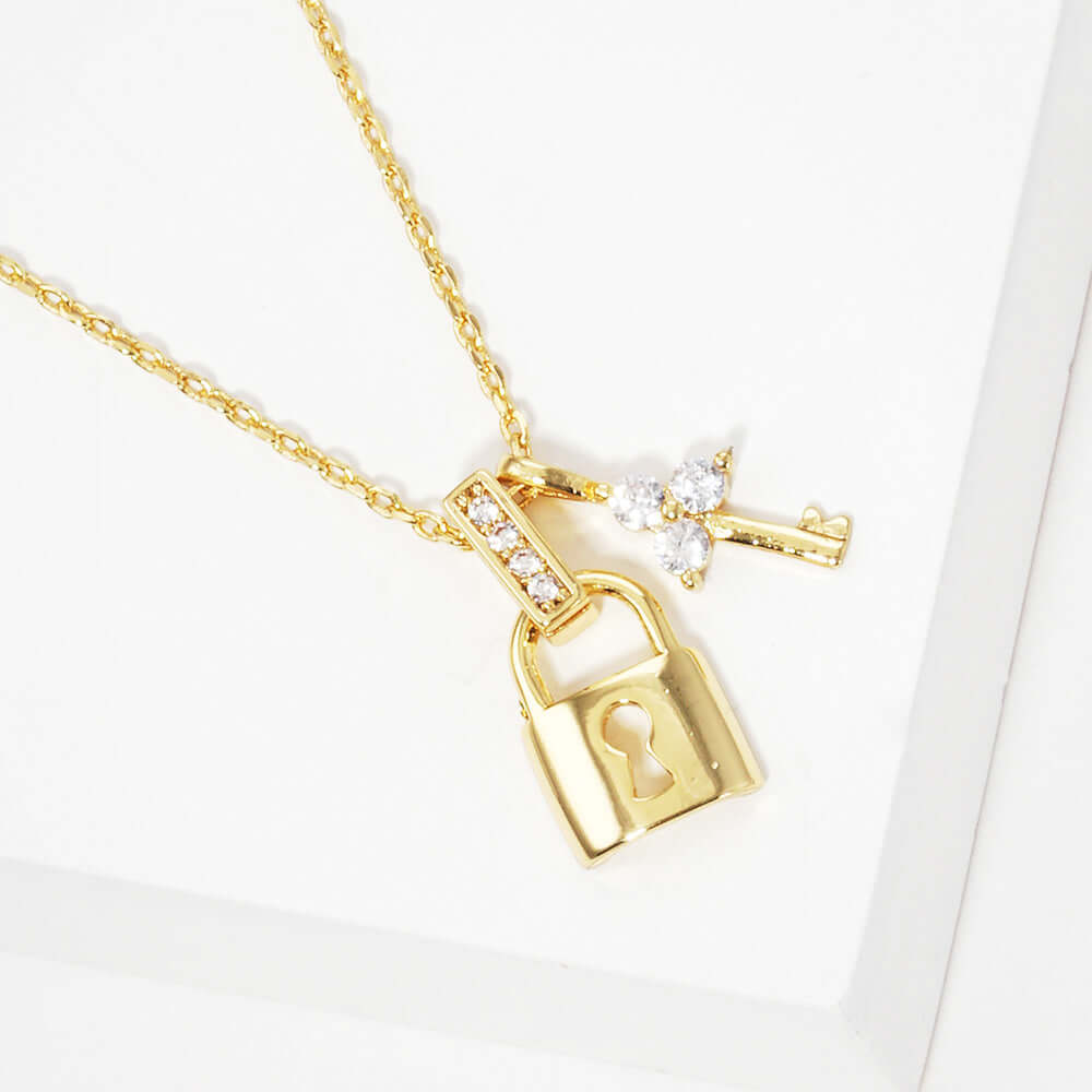 Gold Dipped Rhinestone Embellished Key Lock Pendant Necklace - M H W ACCESSORIES LLC