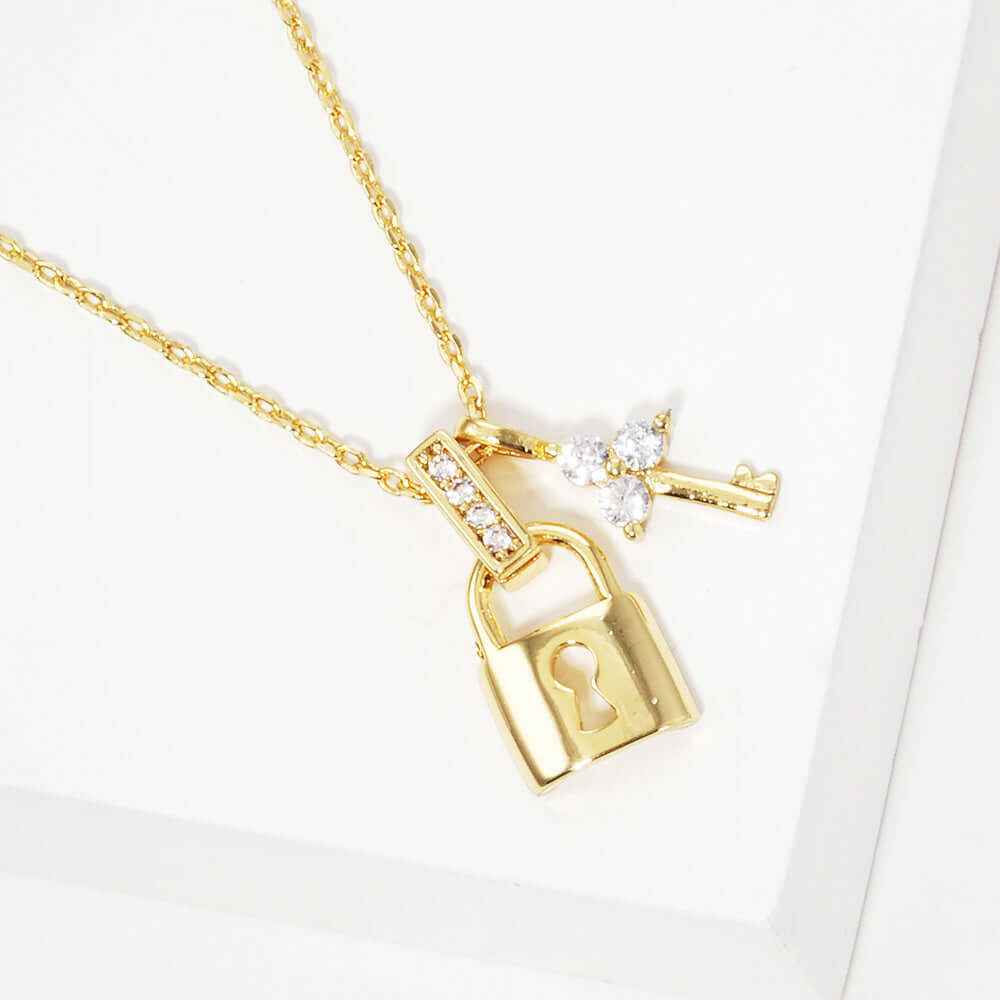 Gold Dipped Rhinestone Embellished Key Lock Pendant Necklace