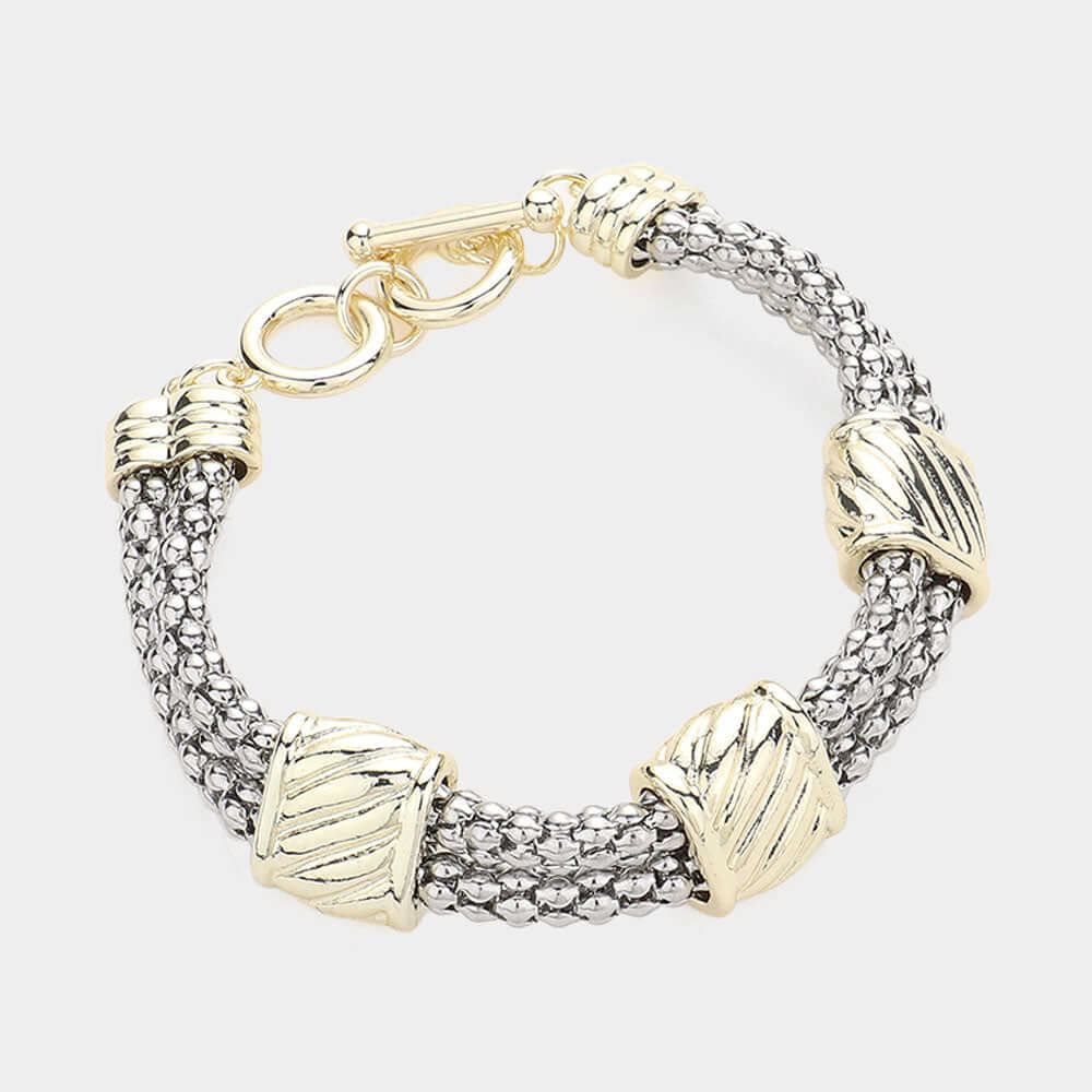 Gold Dipped Silver Two Tone Textured Metal Toggle Bracelet for Women - M H W ACCESSORIES LLC