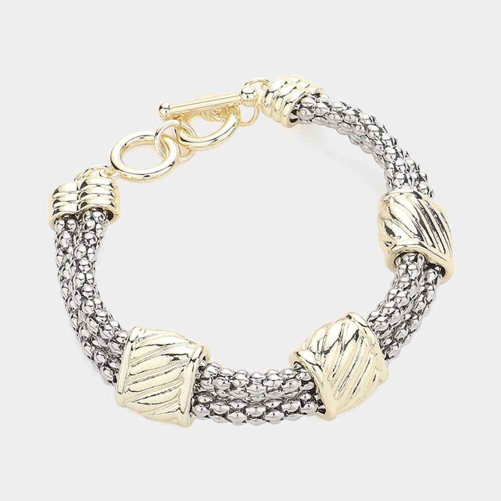 Gold Dipped Silver Two Tone Textured Metal Toggle Bracelet for Women