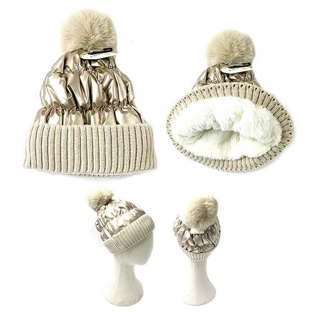 Gold Fleece Lining Puffer Knit Pom Pom Beanie Hat