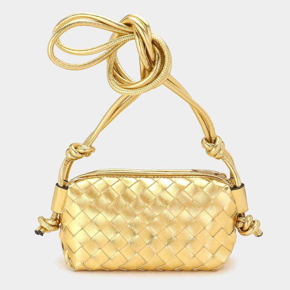 Gold Metallic Faux Leather Weaved Crossbody Bag
