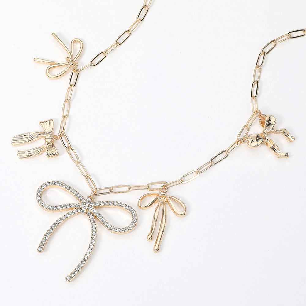 Gold Paved Bow Metal Bow Charm Station Paperclip Chain Necklace