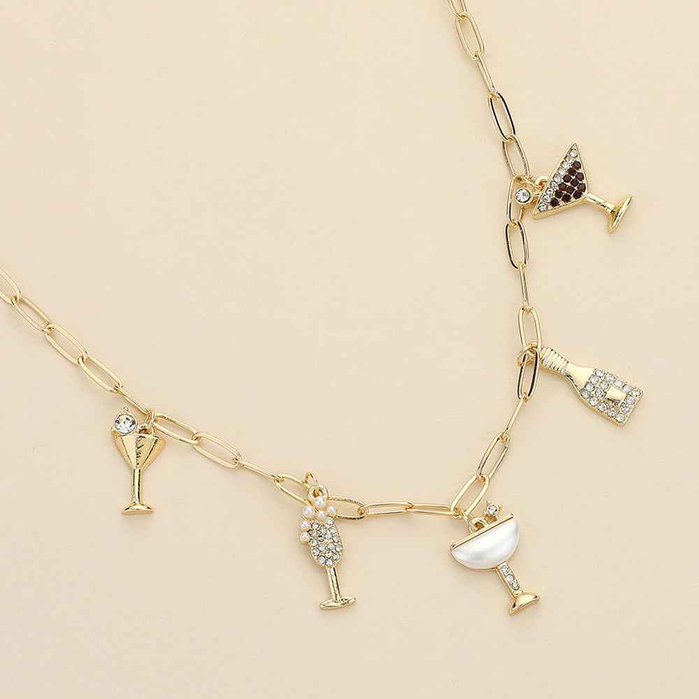 Gold Paved Cocktail Glass Bottle Charm Station Paperclip Chain Necklace