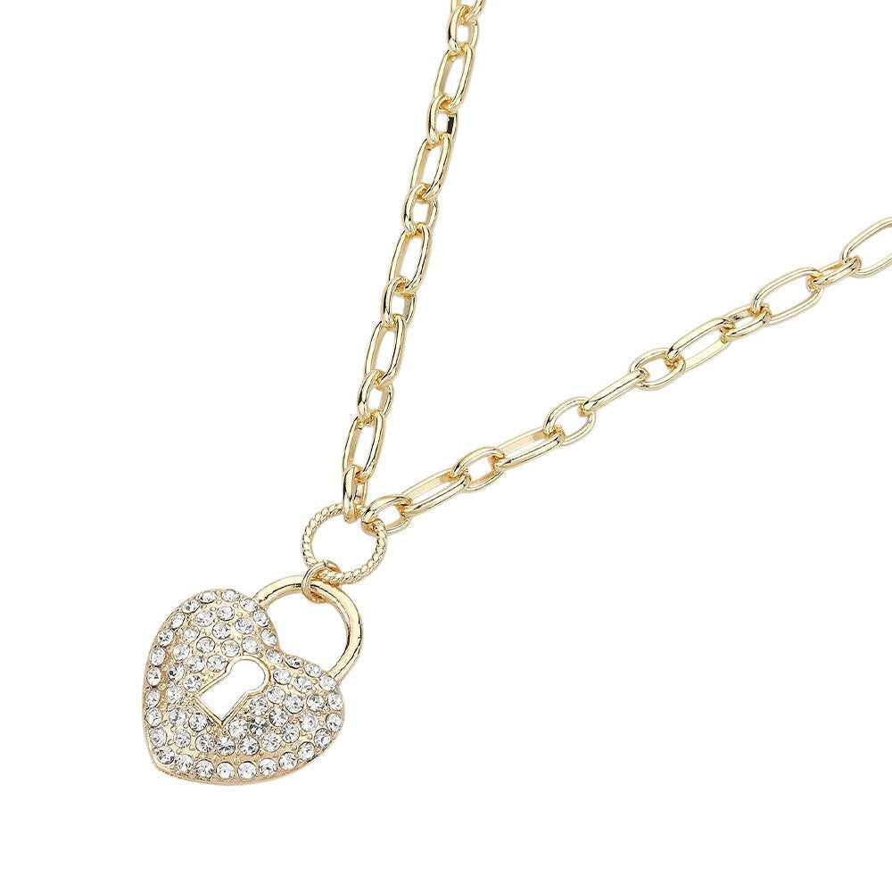 Gold Paved Heart Lock Pendant Necklace