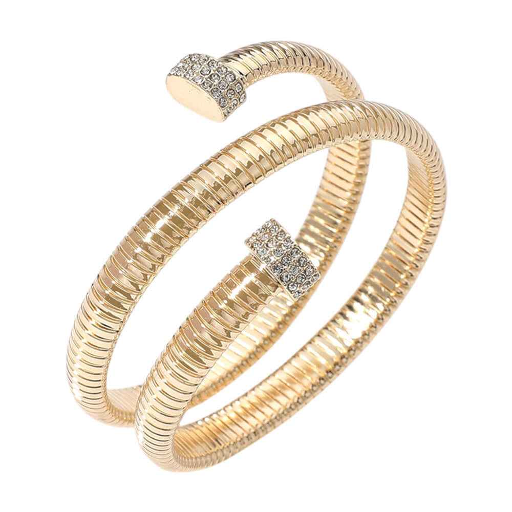Gold Paved Tip Ribbed Metal Wrapped Bracelet