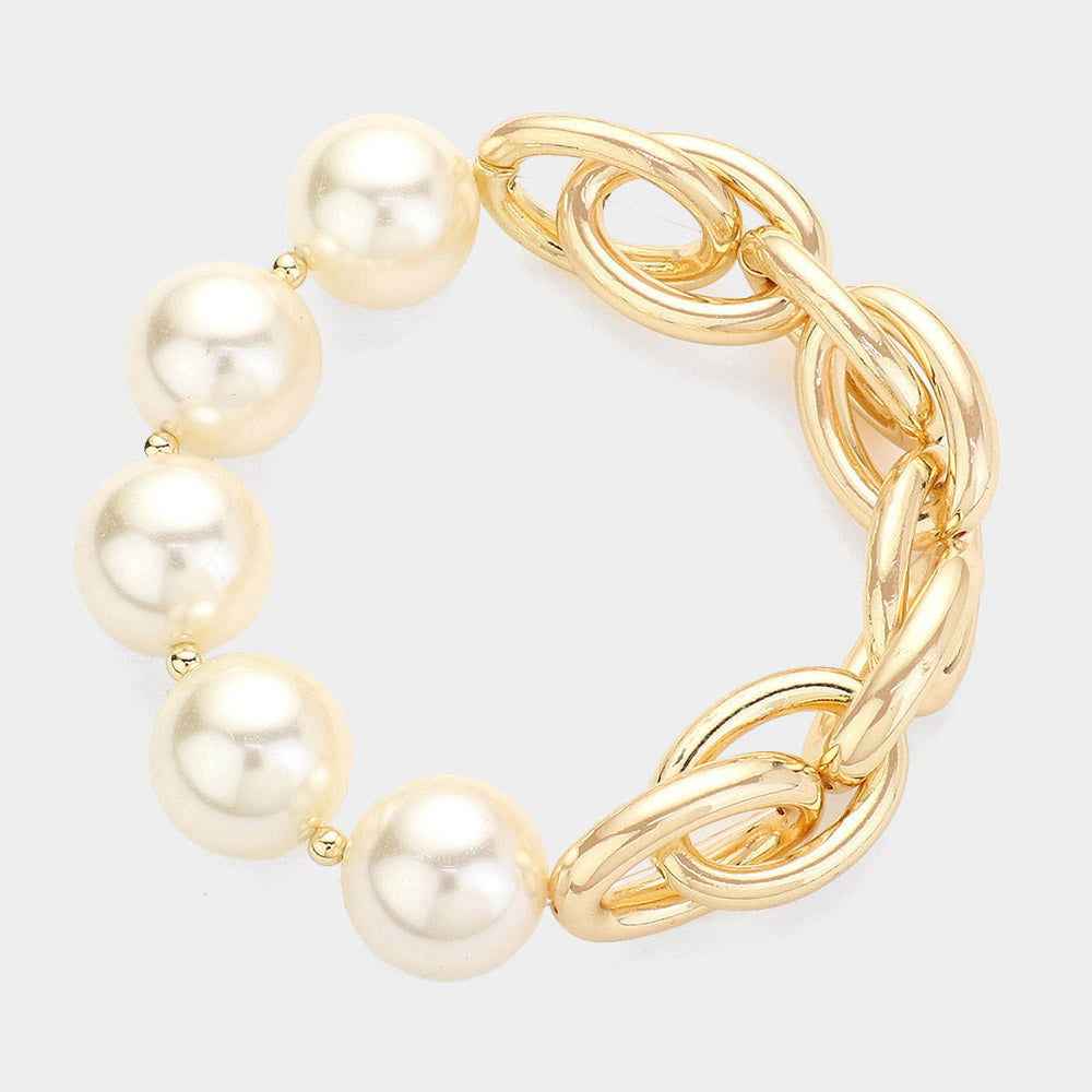 Gold Pearl Accented Metal Link Chain Stretch Bracelet