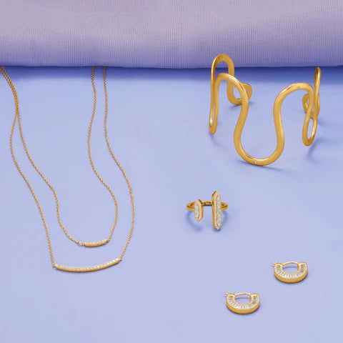 Gold Plated Double Strand Cubic Zirconia Curved Bar Necklace for Women