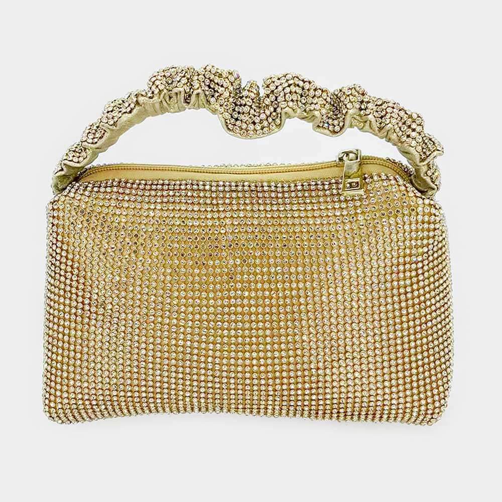 Gold Pleated Handle Detailed Bling Rectangle Evening Tote Bag - M H W ACCESSORIES LLC