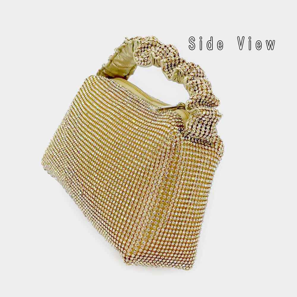 Gold Pleated Handle Detailed Bling Rectangle Evening Tote Bag
