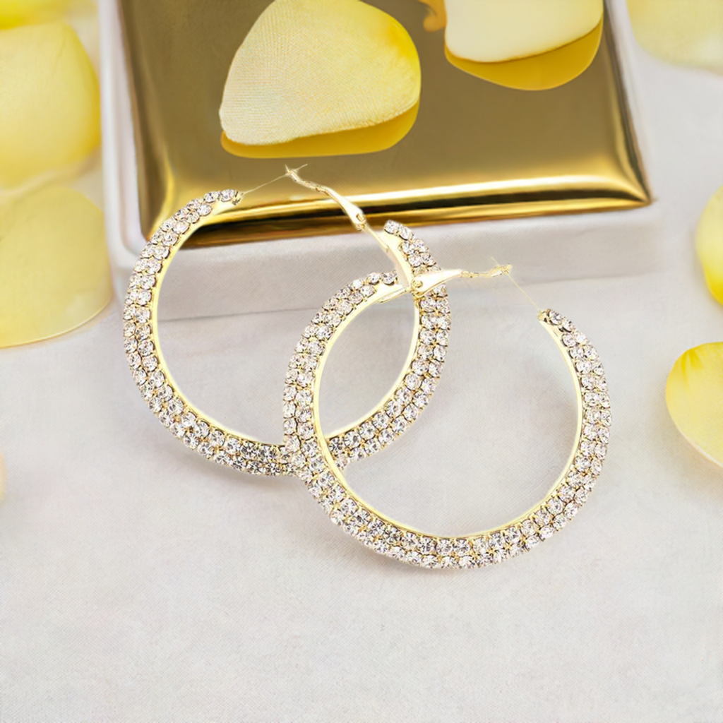 Gold Rhinestone 2-inch Flat Hoop Earrings for Women - M H W ACCESSORIES LLC