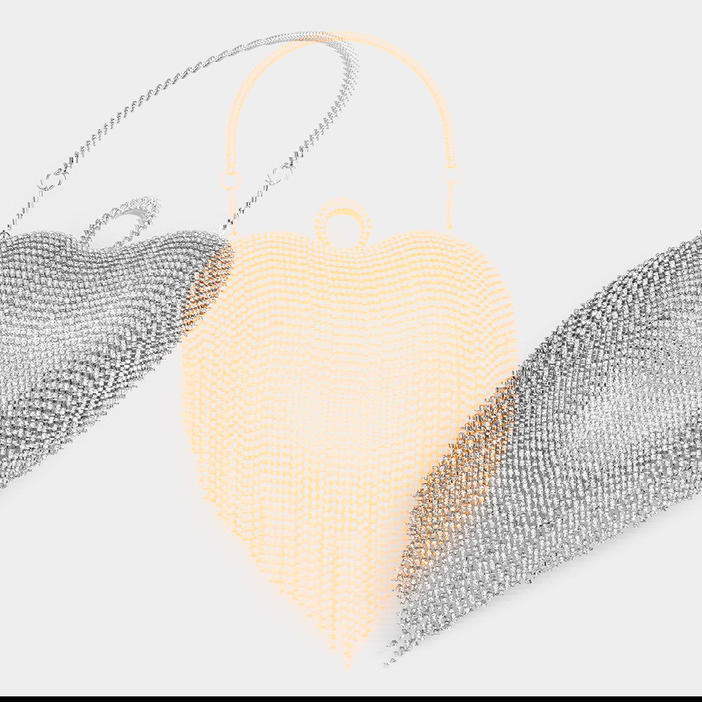 Gold Rhinestone Fringe Heart Evening Tote / Clutch / Crossbody Bag - M H W ACCESSORIES LLC