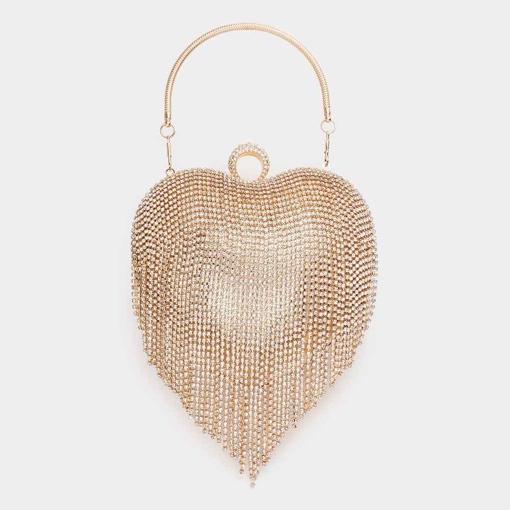Gold Rhinestone Fringe Heart Evening Tote / Clutch / Crossbody Bag