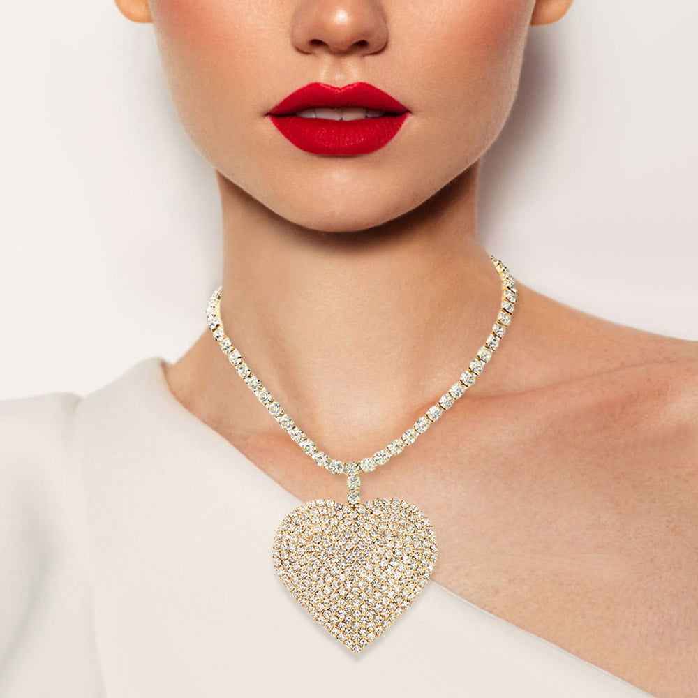 Women's Gold Rhinestone Heart Pendant Necklace