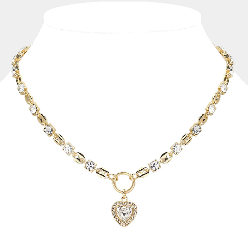 Gold Square Rhinestone Cluster Link Heart Pendant Necklace - M H W ACCESSORIES LLC