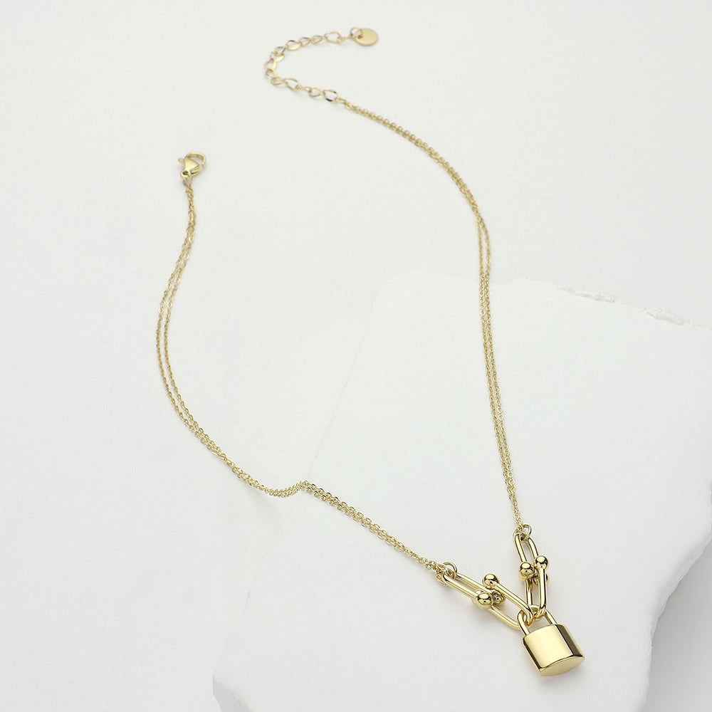 Gold Stainless Steel Lock Pendant Hardware Link Double Layered Necklace