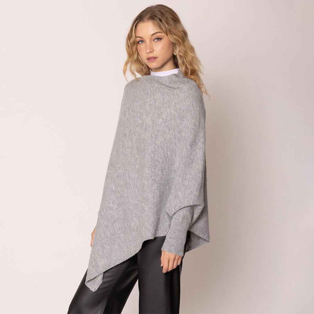 Gray Solid Poncho with Sleeves