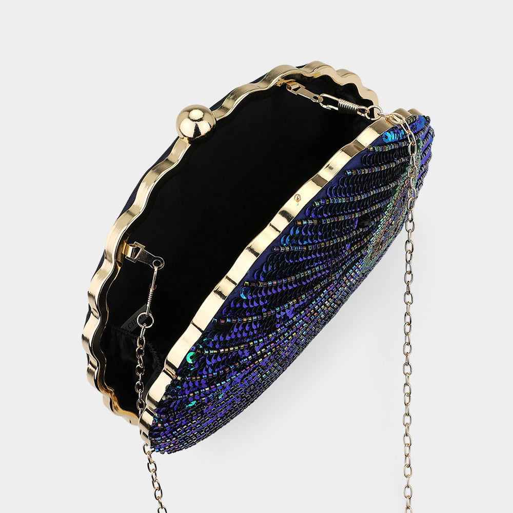 Green Beaded Sequin Peacock Clutch Evening Bag / Crossbody Bag