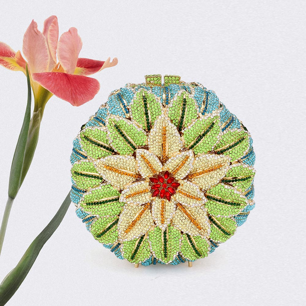 Green Crystal Rhinestone Flower Evening Clutch Bag - M H W ACCESSORIES LLC