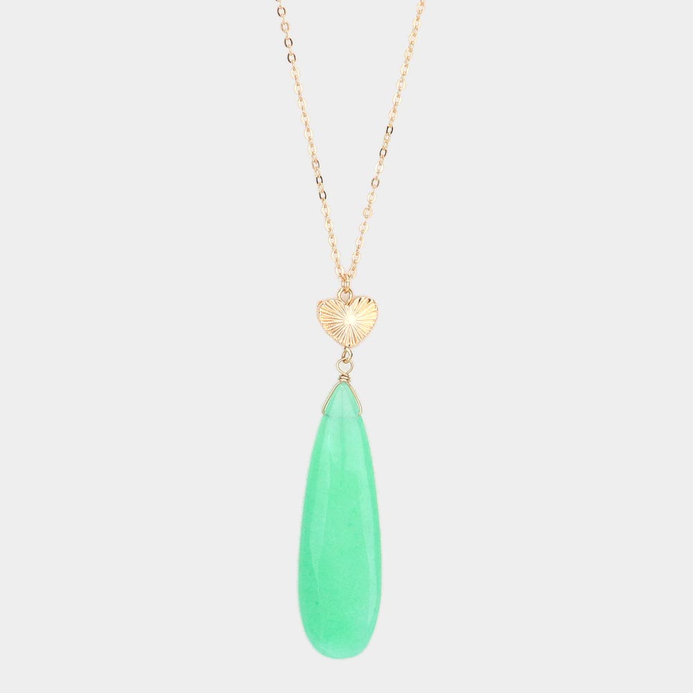Green Metal Heart Teardrop Natural Stone Link Pendant Long Necklace - M H W ACCESSORIES LLC