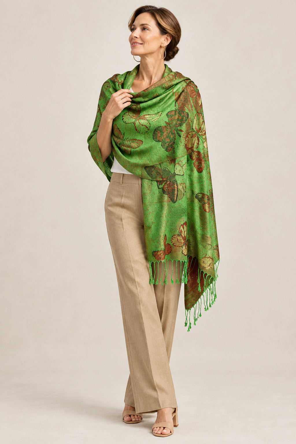 Green Metallic Butterfly Printed Pashmina Scarf Shawl