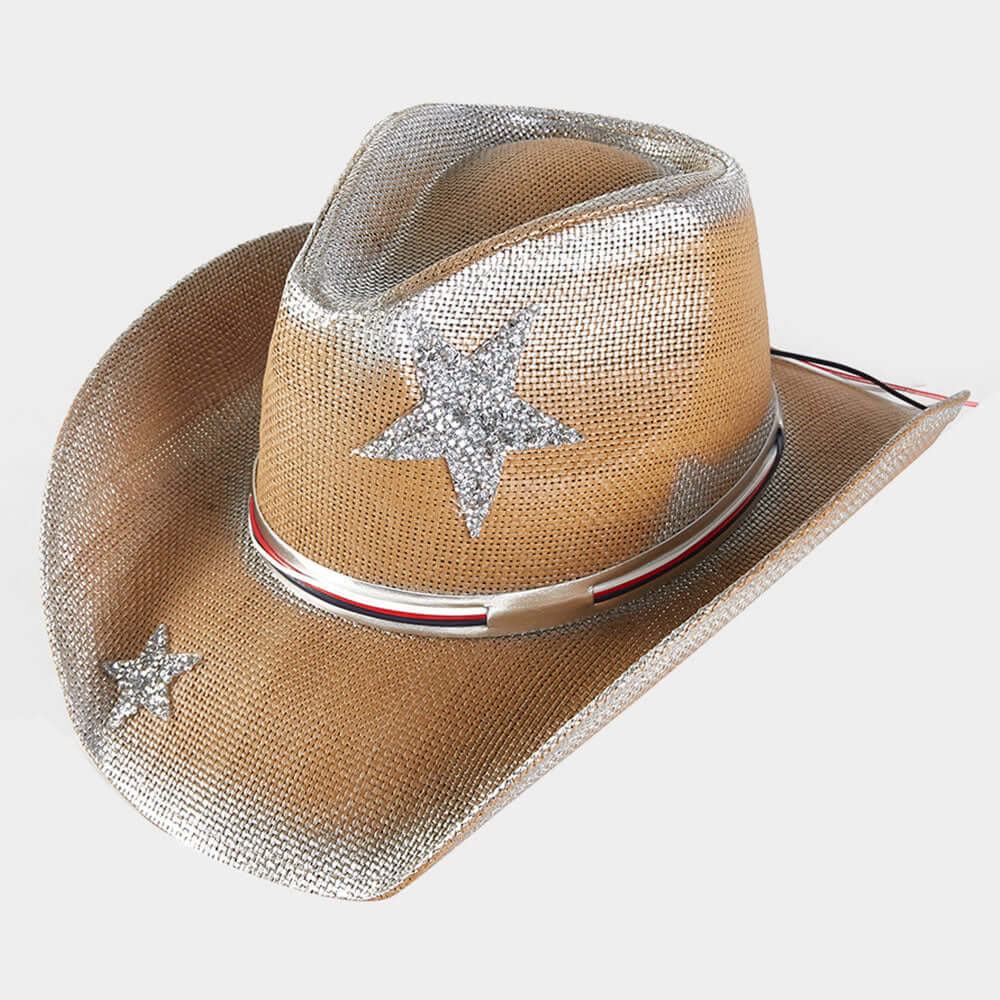 Taupe Glittered Star Western Cowboy Fedora Hat