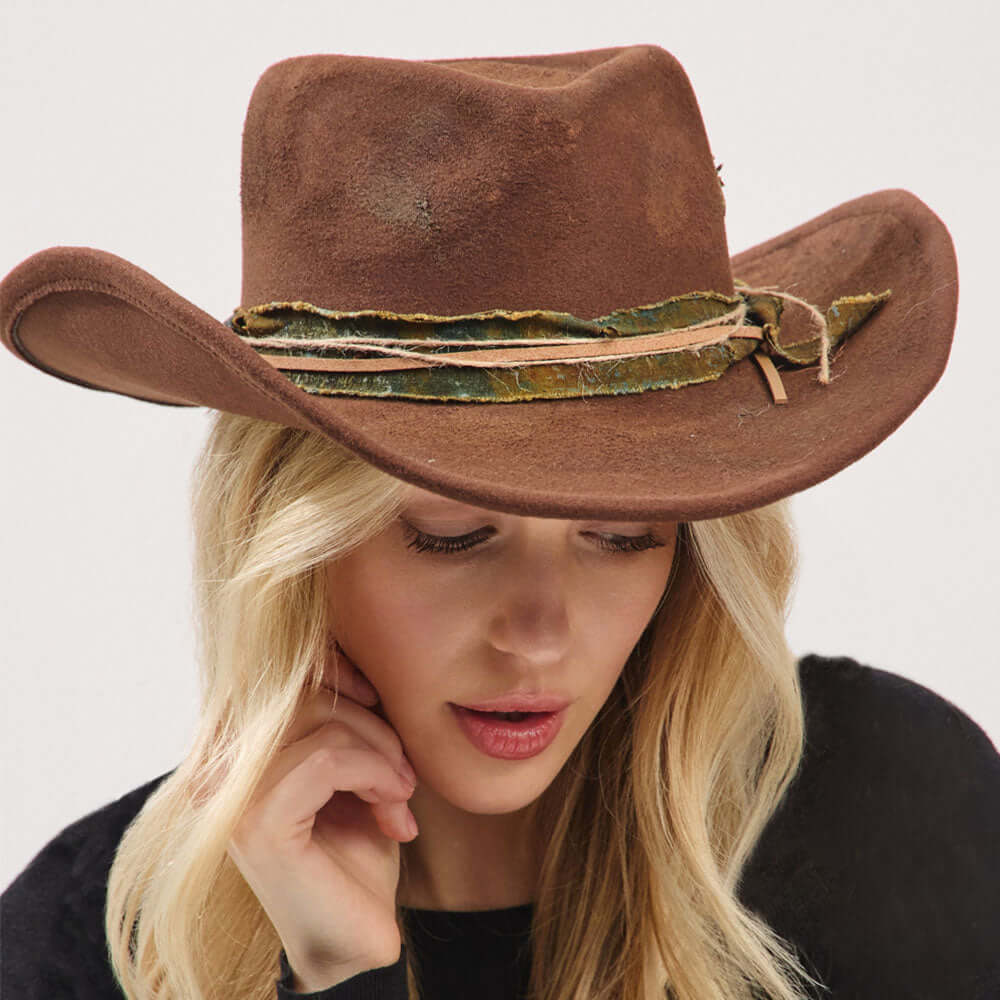 Vintage Inspired Distressed Fabric Suede Band Rustic Cowgirl Western Fedora Hat