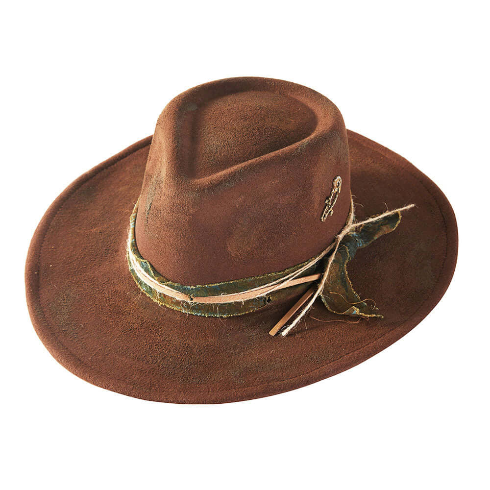 Vintage Inspired Distressed Fabric Suede Band Rustic Cowgirl Western Fedora Hat