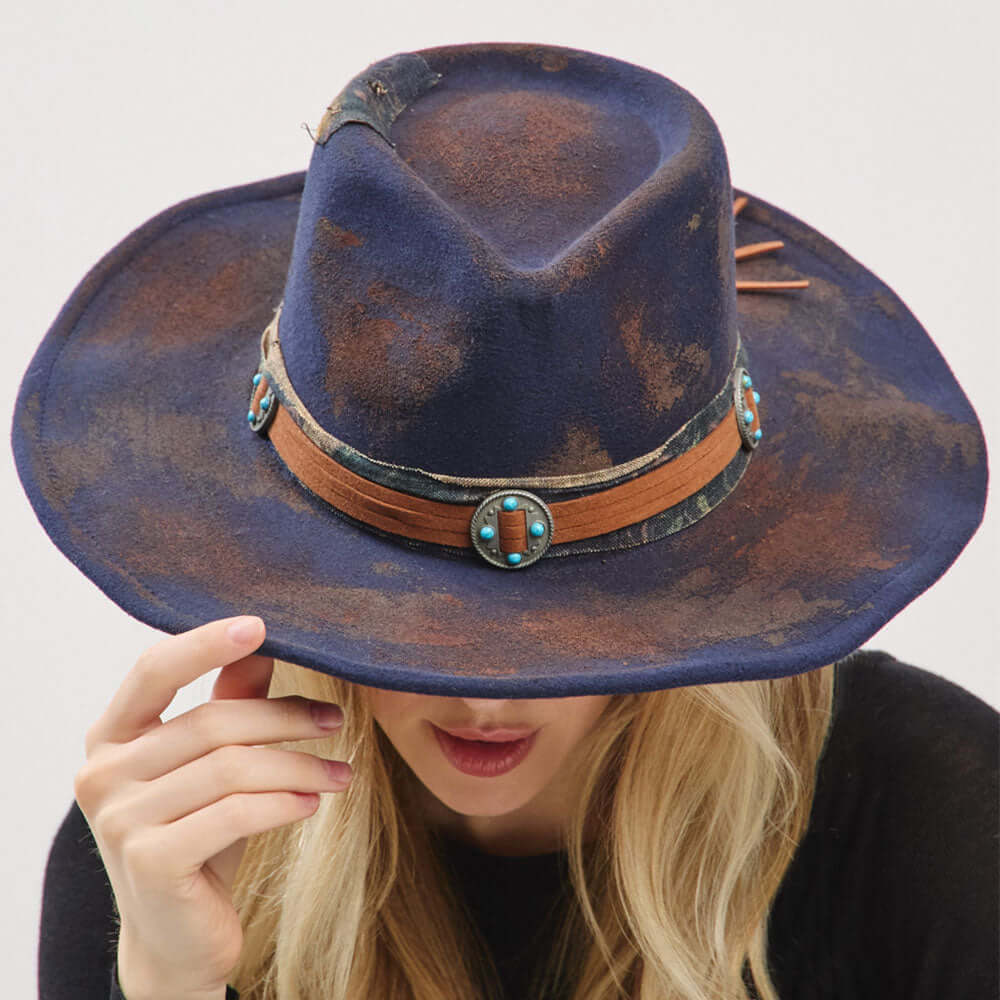 Vintage Decorative Distressed Fabric Band Rustic Blue Cowgirl Western Fedora Hat