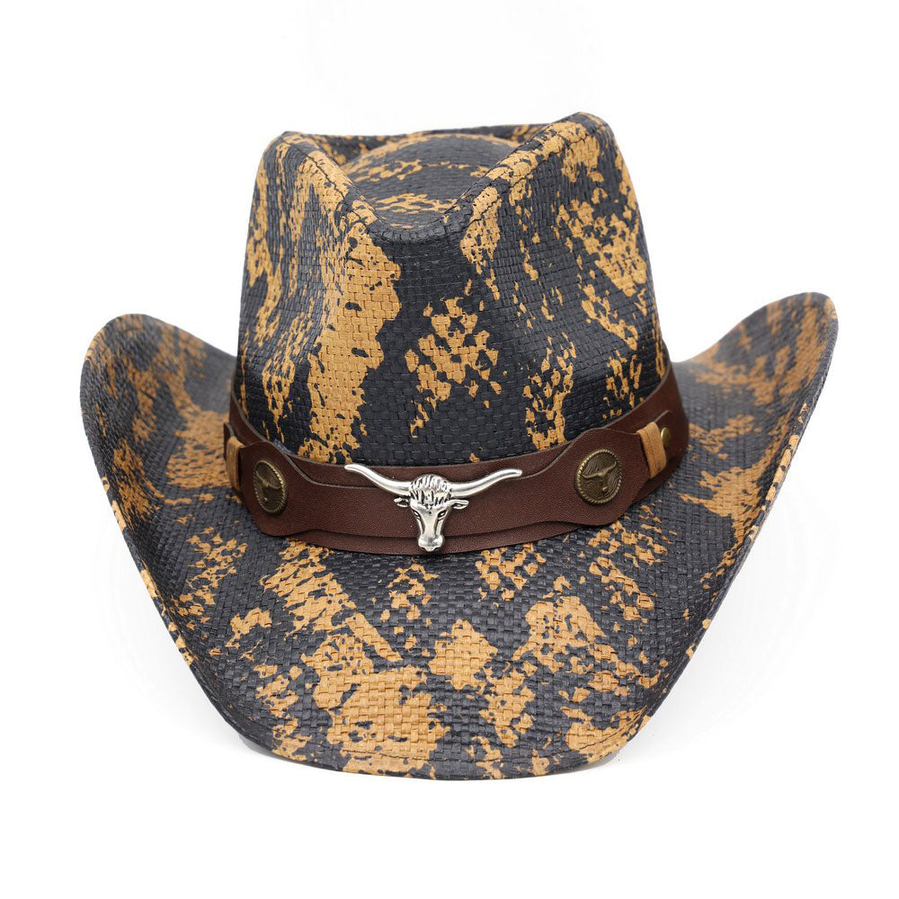 Steer Head Accent Snake Print Brown Western Cowboy Hat M H W ACCESSORIES LLC Steer Head Accent Snake Print Brown Western Cowboy Hat