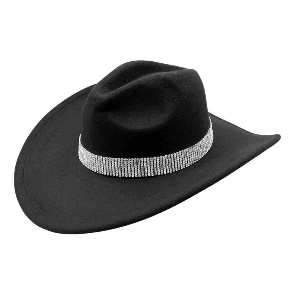 Rhinestone Studded Band Black Western Cowboy Fedora Hat