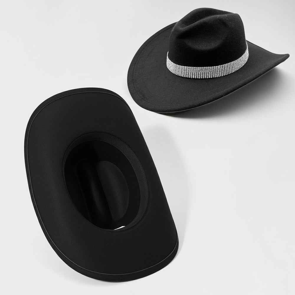 Rhinestone Studded Band Black Western Cowboy Fedora Hat