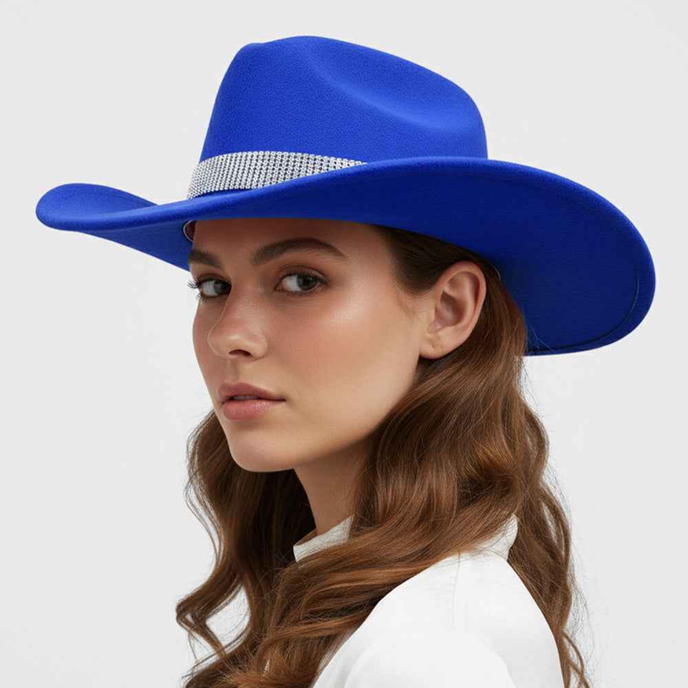 Rhinestone Studded Band Blue Western Cowboy Fedora Hat