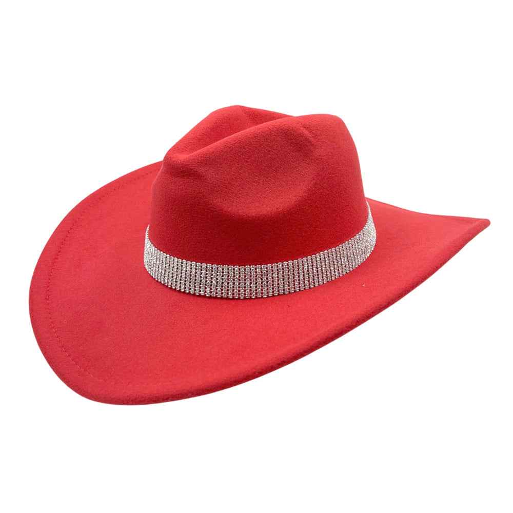 Rhinestone Studded Band Red Western Cowboy Fedora Hat