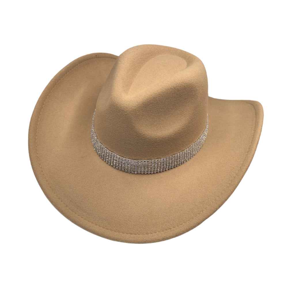Rhinestone Studded Band Tan Western Cowboy Fedora Hat