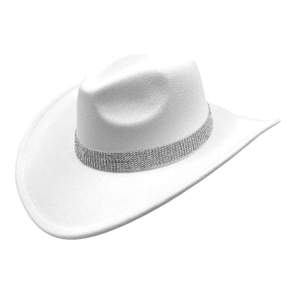 Rhinestone Studded Band White Western Cowboy Fedora Hat