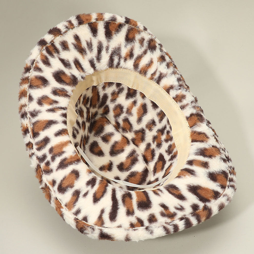 Light Brown Fuzzy Faux Fur Leopard Pattern Cowboy Fedora Hat M H W ACCESSORIES LLC Light Brown Fuzzy Faux Fur Leopard Pattern Cowboy Fedora Hat