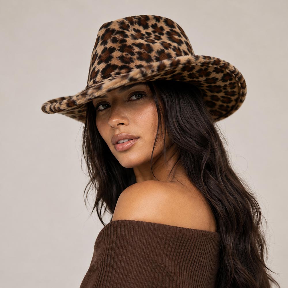 Dark Brown Fuzzy Faux Fur Leopard Pattern Cowboy Fedora Hat M H W ACCESSORIES LLC Dark Brown Fuzzy Faux Fur Leopard Pattern Cowboy Fedora Hat