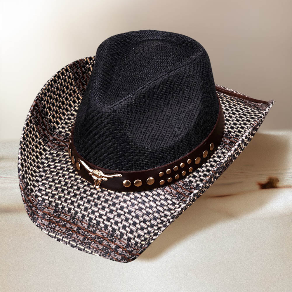 Embellished Metal Steer Head Studded Black Western Straw Cowboy Fedora Hat