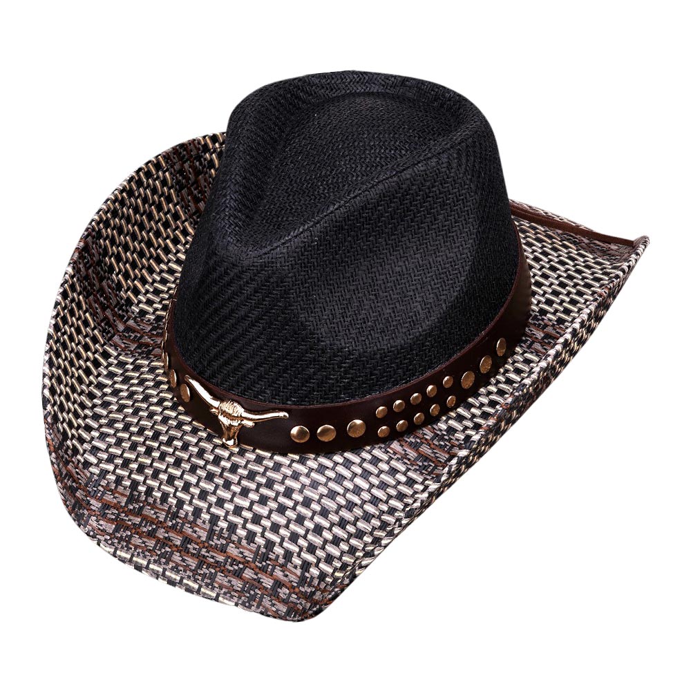 Embellished Metal Steer Head Studded Black Western Straw Cowboy Fedora Hat