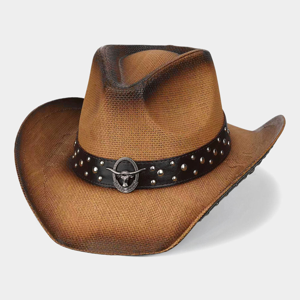 Tan Metal Steer Head Emblem Studded Faux Leather Band Western Straw Cowboy Fedora Hat