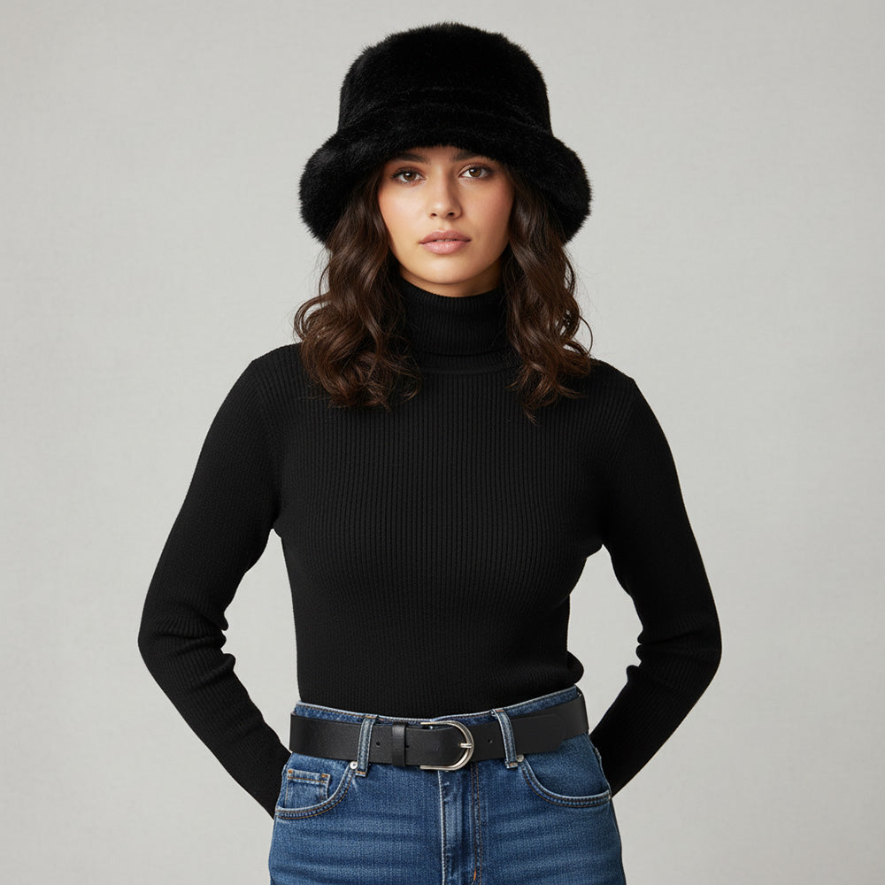Black Soft Plush Faux Fur Winter Bucket Hat - M H W ACCESSORIES LLC