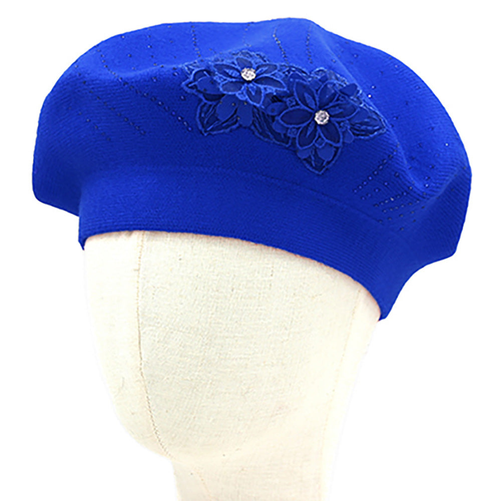 Floral Applique Accent Blue Winter Beret Hat - M H W ACCESSORIES LLC