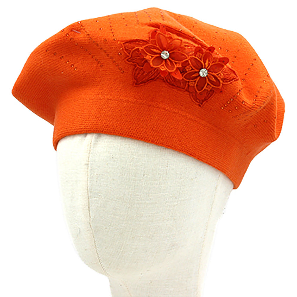 Floral Applique Accent Orange Winter Beret Hat - M H W ACCESSORIES LLC