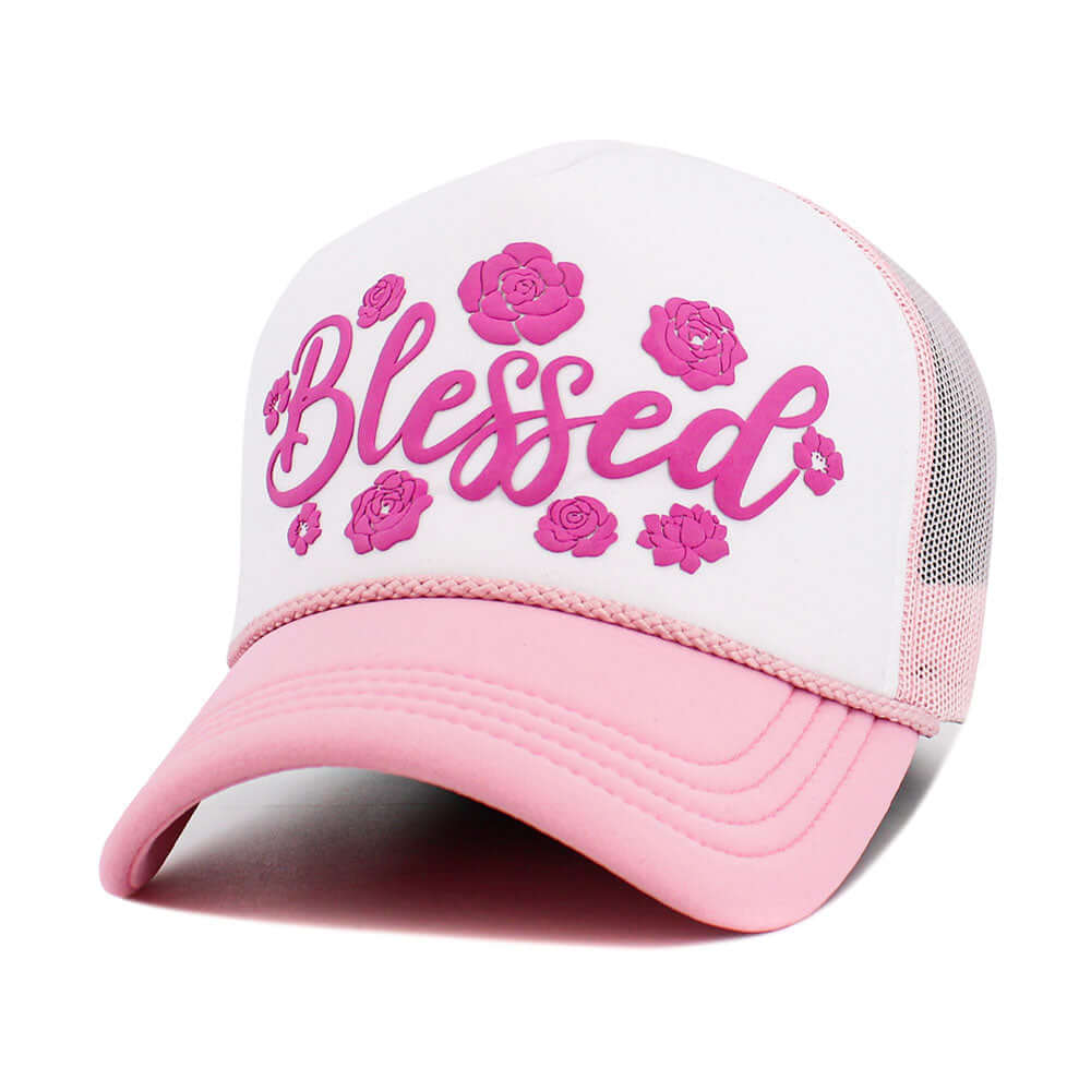 Flower Embroidered BLESSED Mesh Back Trucker Hat