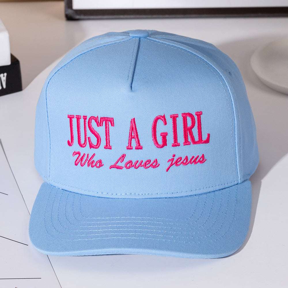 JUST A GIRL Message Embroidered Blue Five Panel Canvas Snapback Baseball Cap M H W ACCESSORIES LLC JUST A GIRL Message Embroidered Blue Five Panel Canvas Snapback Baseball Cap