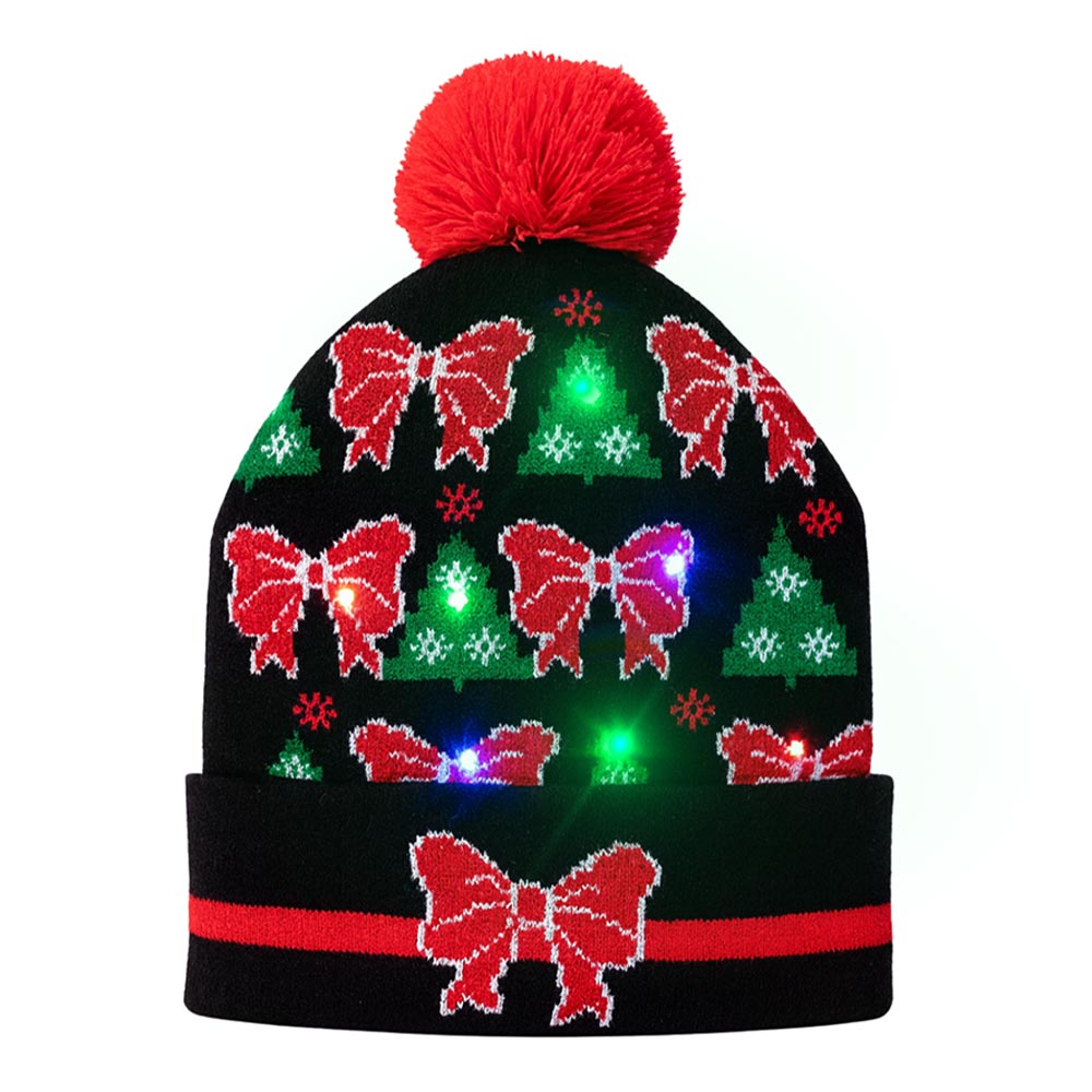 Light Up Christmas Bow Tree Pattern Pom Pom LED Beanie Hat M H W ACCESSORIES LLC Light Up Christmas Bow Tree Pattern Pom Pom LED Beanie Hat