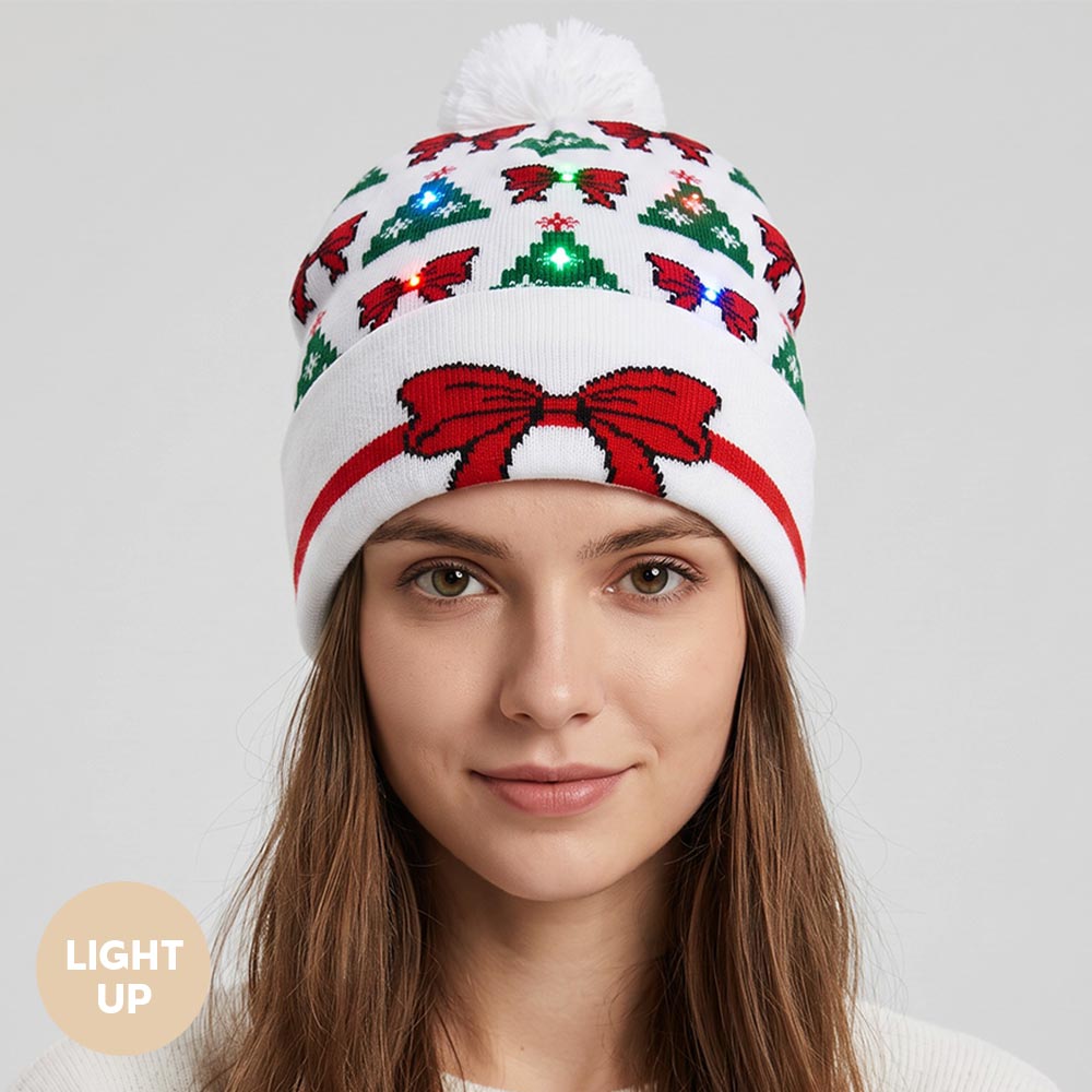 Light Up Christmas Bow Tree Pattern Pom Pom LED Beanie Hat M H W ACCESSORIES LLC Light Up Christmas Bow Tree Pattern Pom Pom LED Beanie Hat