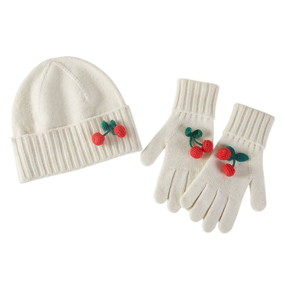 Cherry Cozy Accent Winter Ivory Beanie Gloves Set M H W ACCESSORIES LLC Cherry Cozy Accent Winter Ivory Beanie Gloves Set