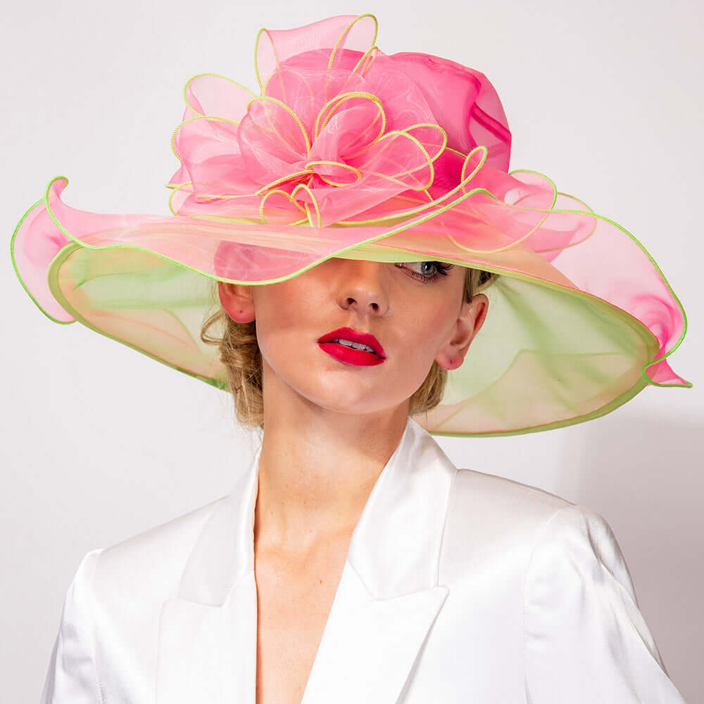 Pink & Green Mesh Bow Organza Dressy Hat - M H W ACCESSORIES LLC